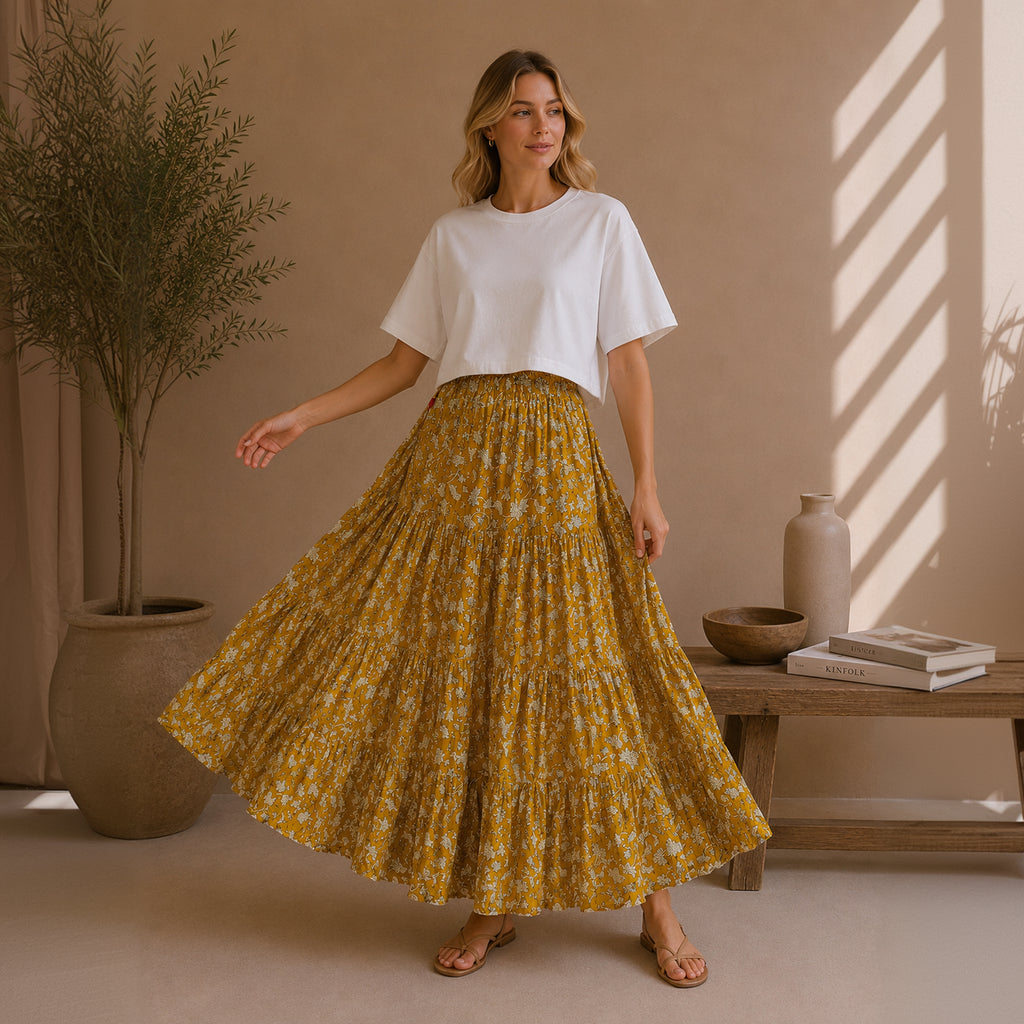 The Thari Hand-Printed leaf Print Cotton Maxi Skirt