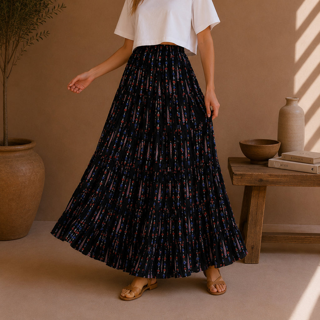 The Thari Hand-Printed Motif Print Cotton Maxi Skirt