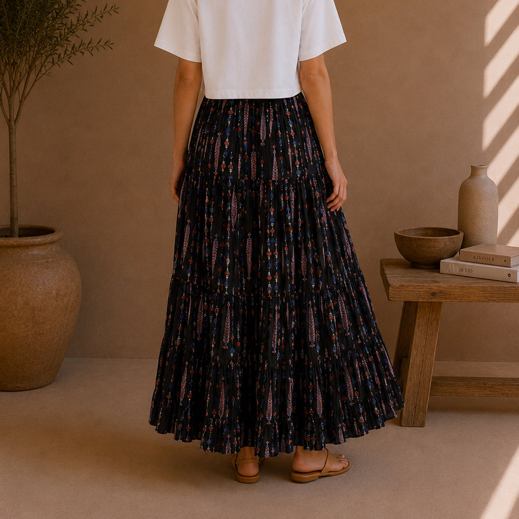 The Thari Hand-Printed Motif Print Cotton Maxi Skirt