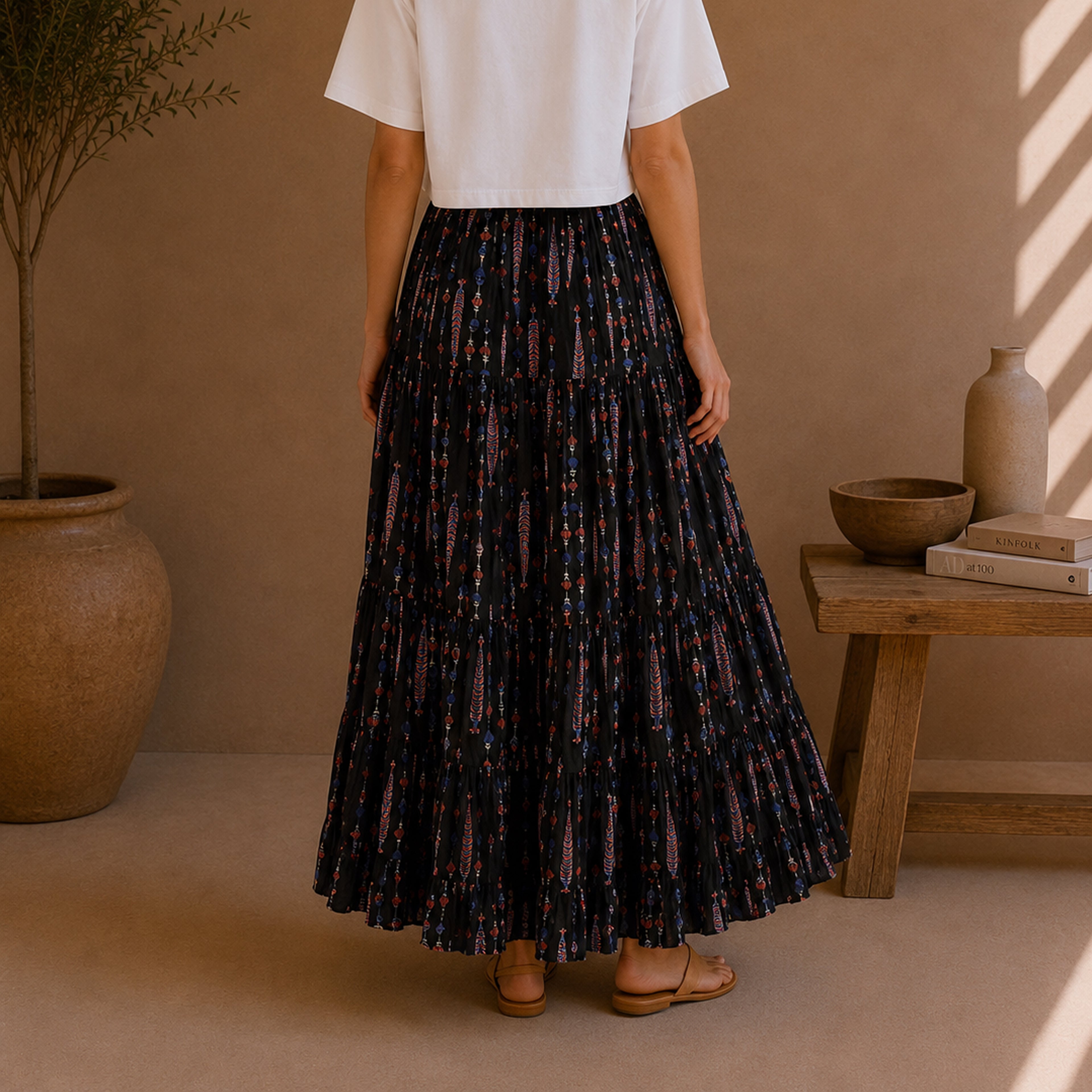 The Thari Hand-Printed Motif Print Cotton Maxi Skirt
