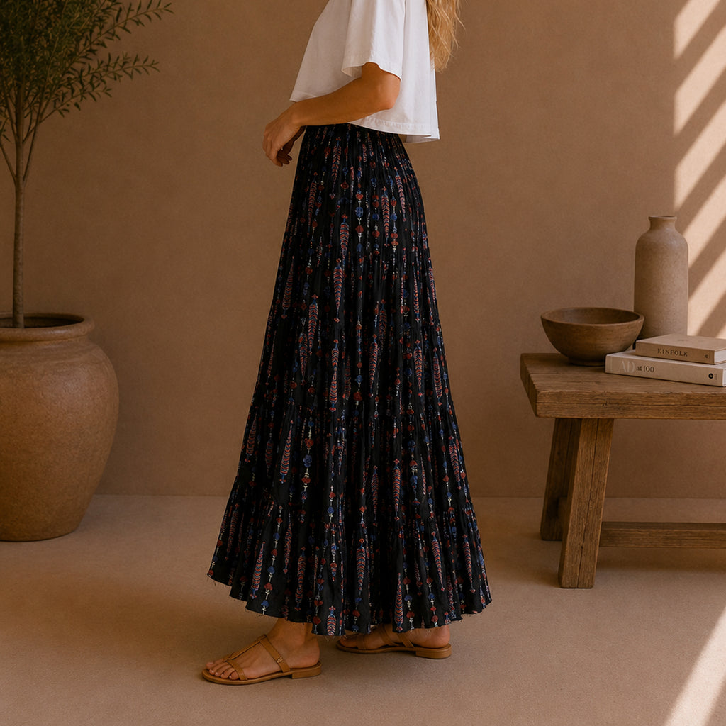 The Thari Hand-Printed Motif Print Cotton Maxi Skirt
