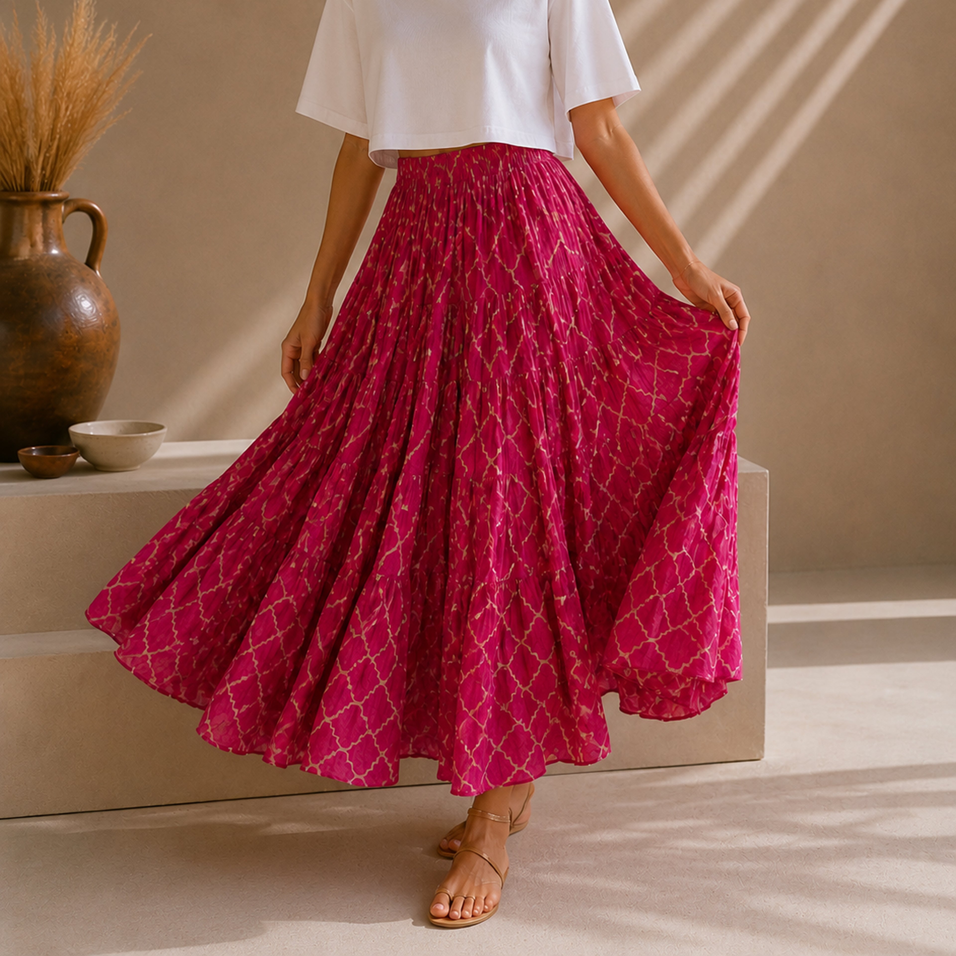 The Thari Hand-Printed Geometric Print Cotton Maxi Skirt