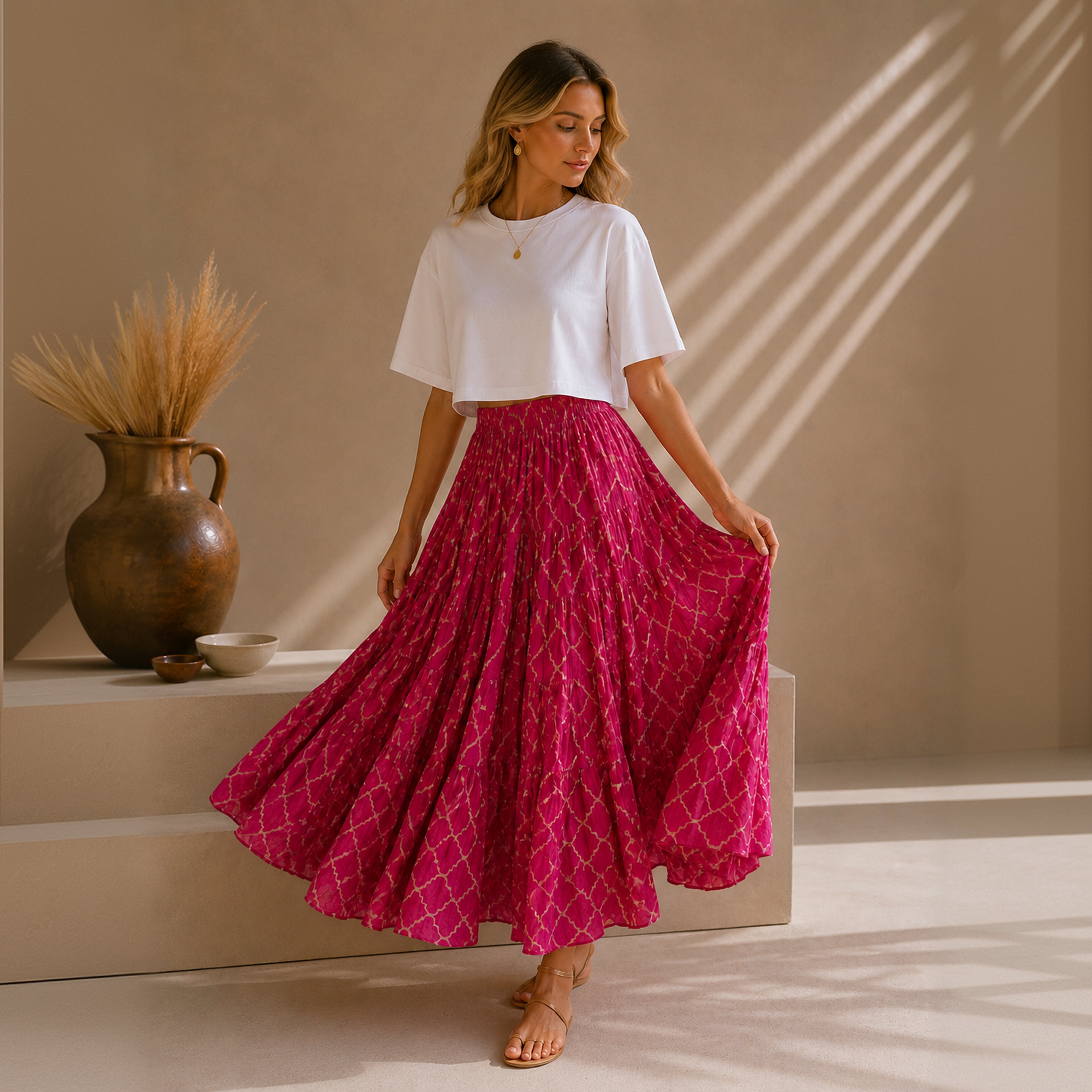 The Thari Hand-Printed Geometric Print Cotton Maxi Skirt