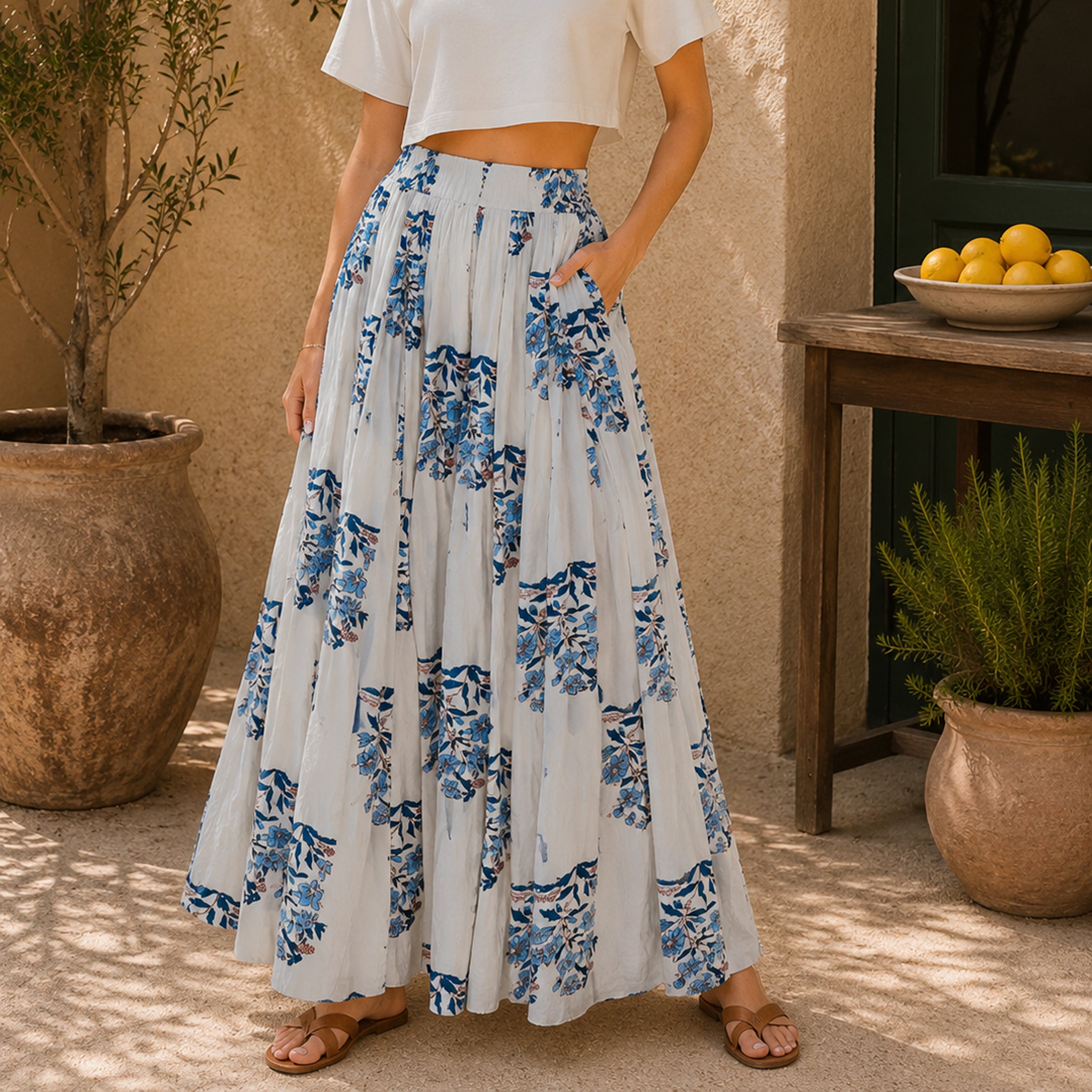 Flower Print Cotton Maxi Skirt