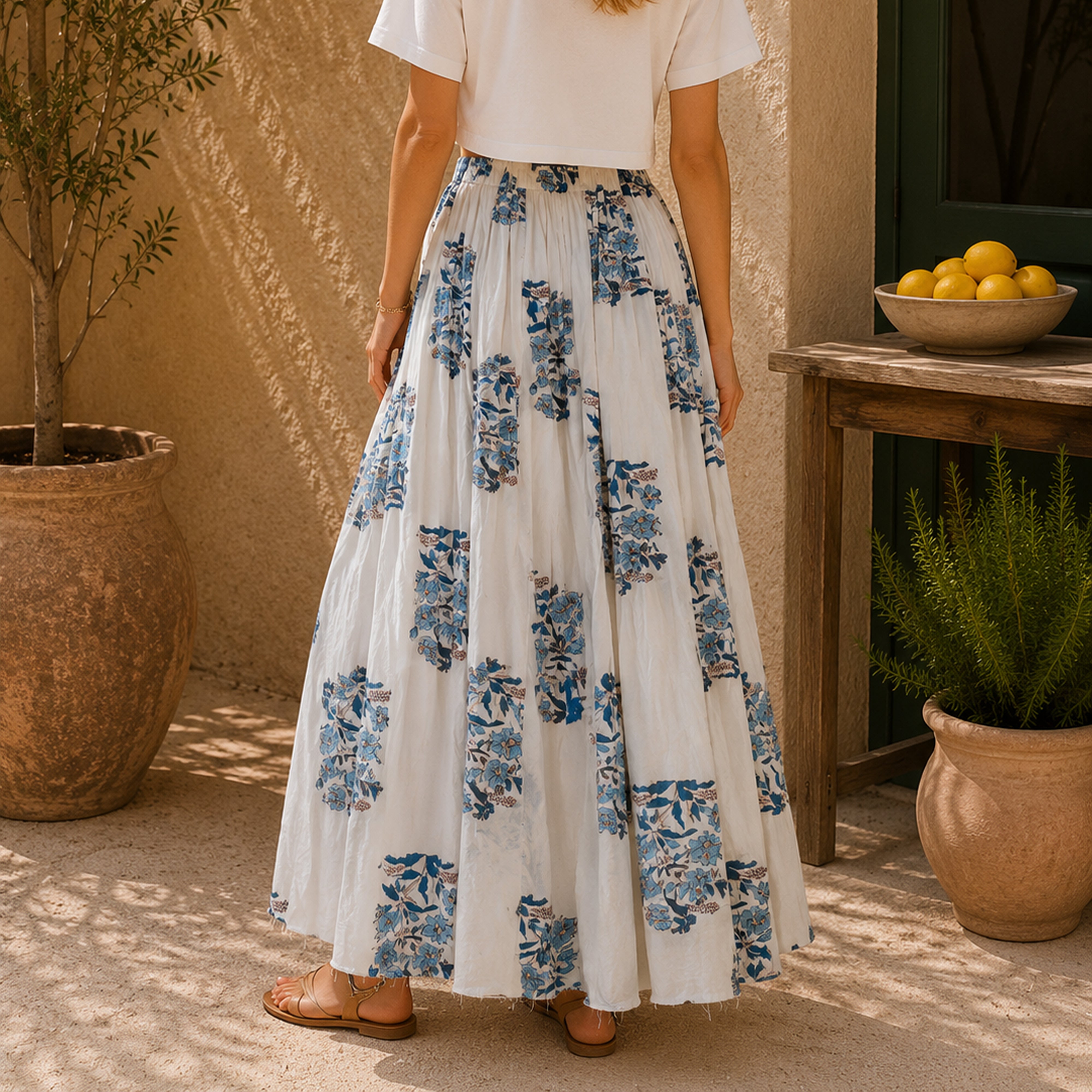 Flower Print Cotton Maxi Skirt