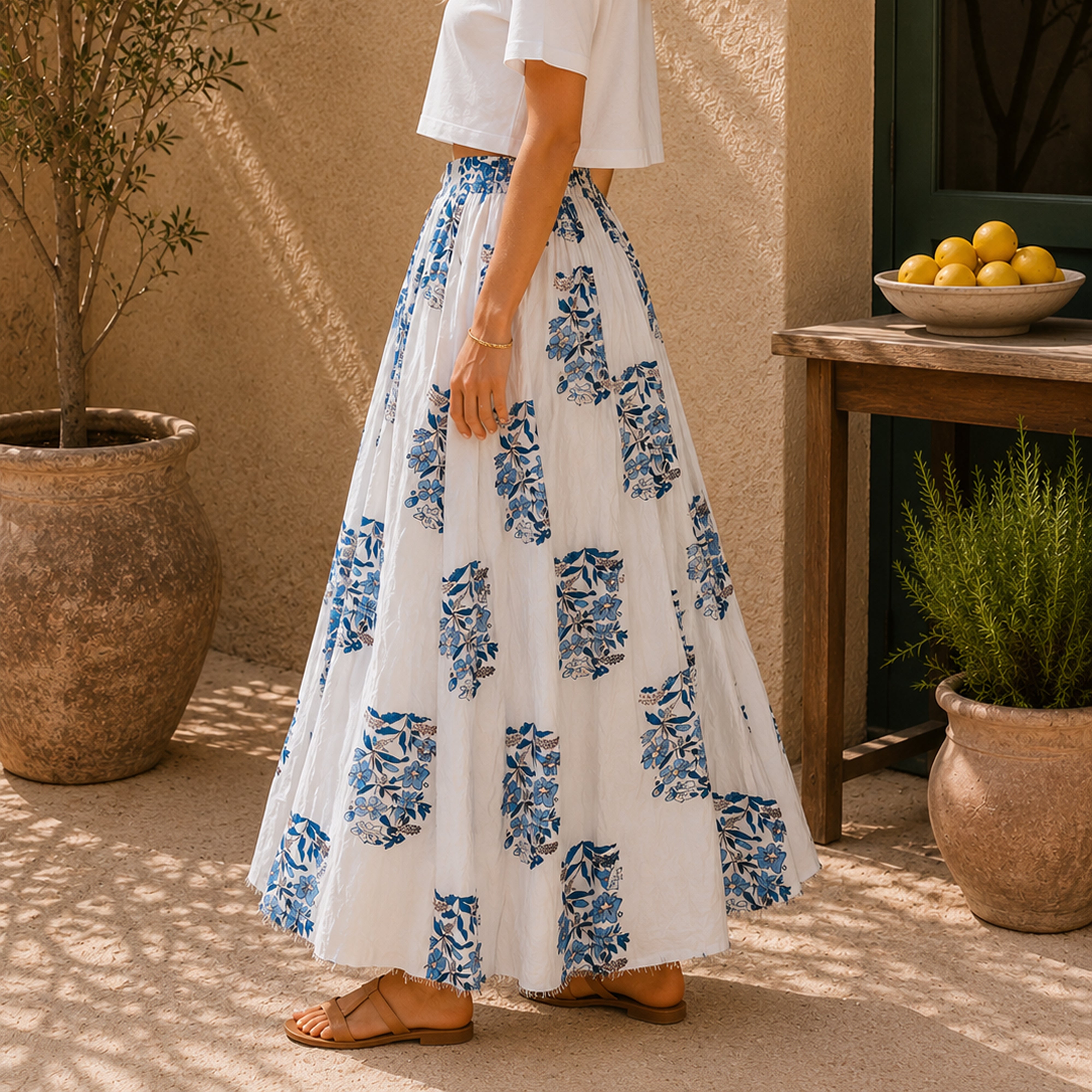 Flower Print Cotton Maxi Skirt
