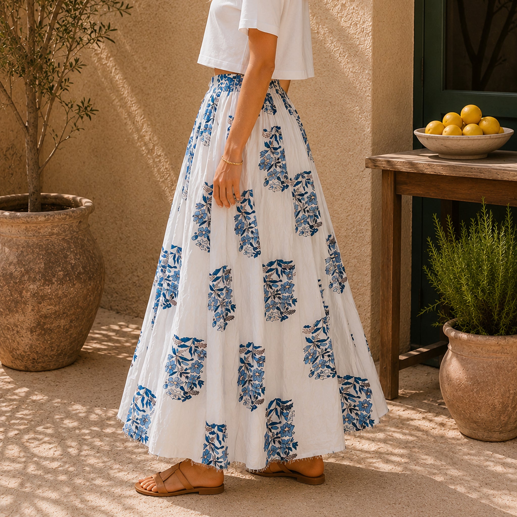 Flower Print Cotton Maxi Skirt