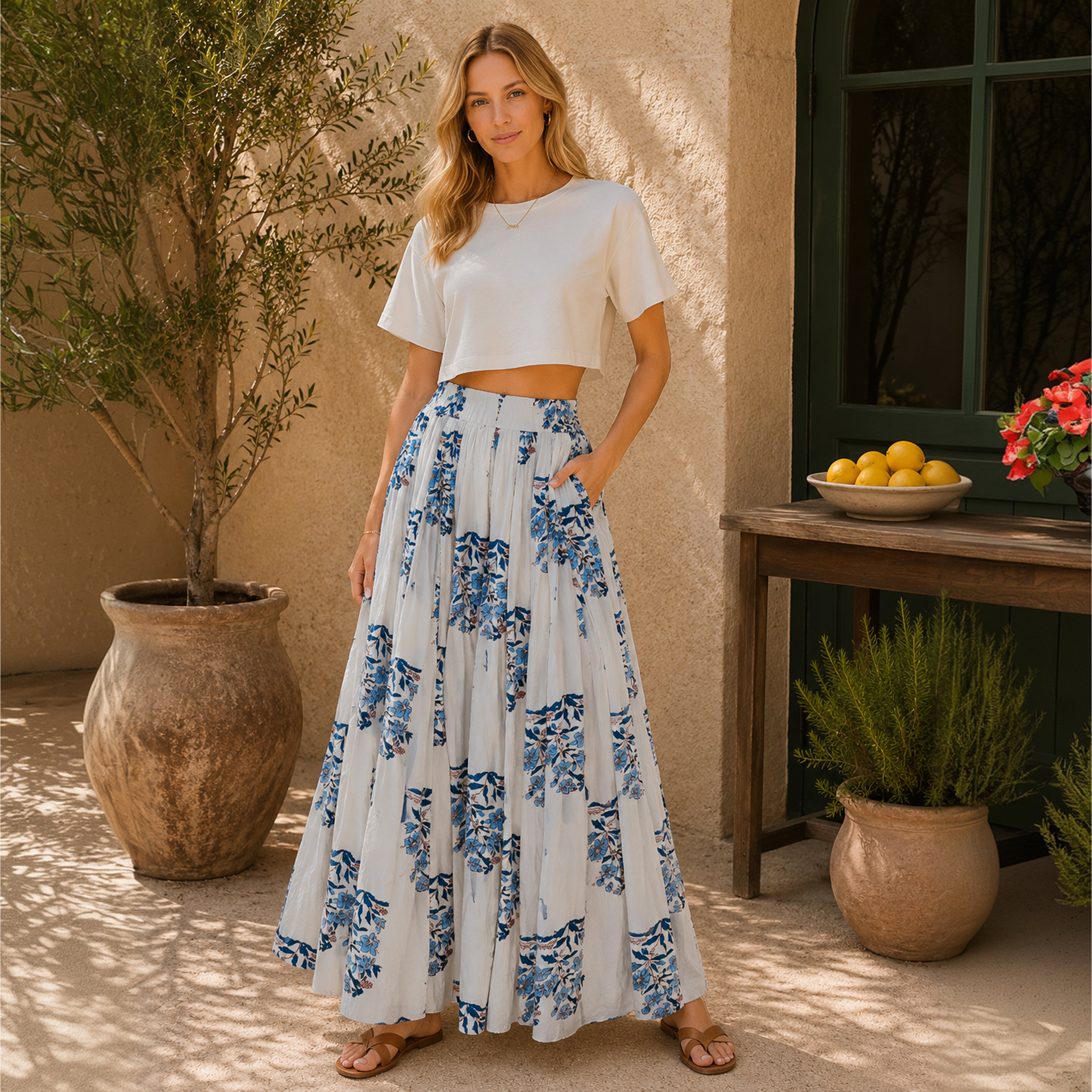 Flower Print Cotton Maxi Skirt