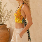 The Thari Hand-Block Slate & Marigold Bloom Printed Reversible Patchwork Cotton Bralette