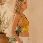 The Thari Hand-Block Slate & Marigold Bloom Printed Reversible Patchwork Cotton Bralette