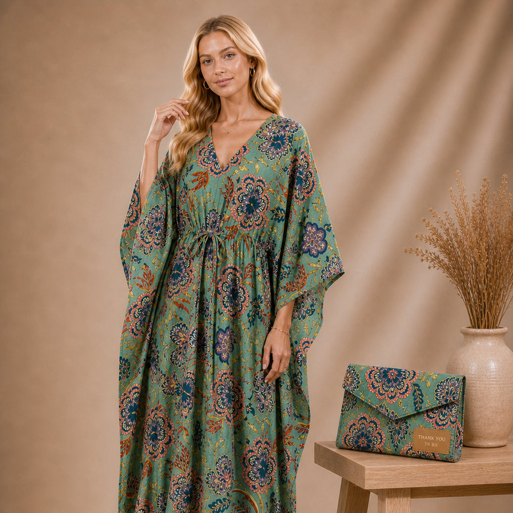 Thari Cotton Drawstring Kaftan - Sage Garden Bloom Print Artisanal Resort Wear