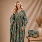 Thari Cotton Drawstring Kaftan - Sage Garden Bloom Print Artisanal Resort Wear