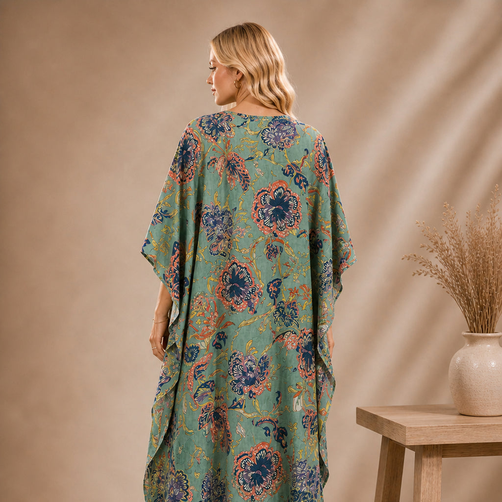 Thari Cotton Drawstring Kaftan - Sage Garden Bloom Print Artisanal Resort Wear
