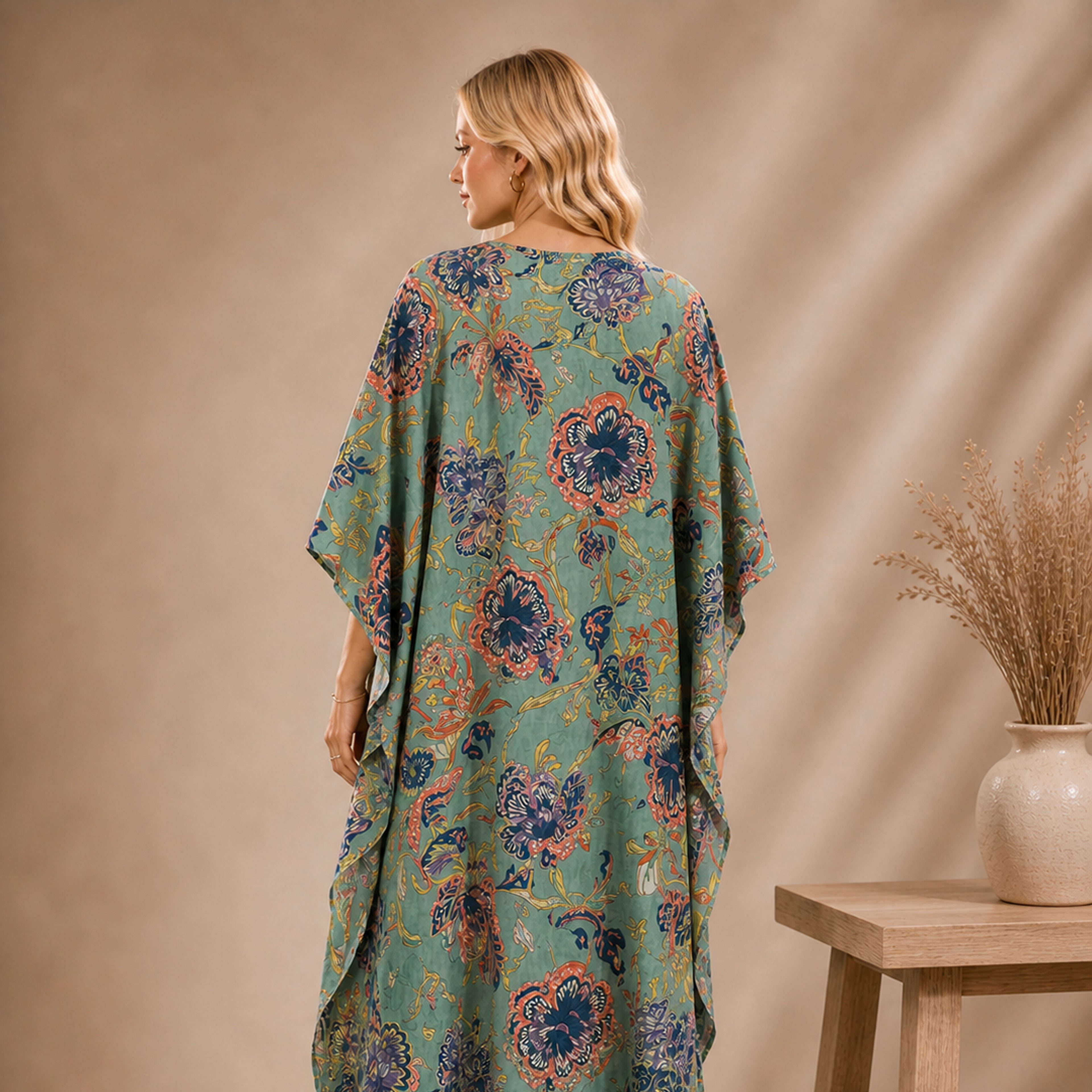 Thari Cotton Drawstring Kaftan - Sage Garden Bloom Print Artisanal Resort Wear