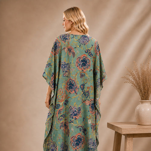 Thari Cotton Drawstring Kaftan - Sage Garden Bloom Print Artisanal Resort Wear