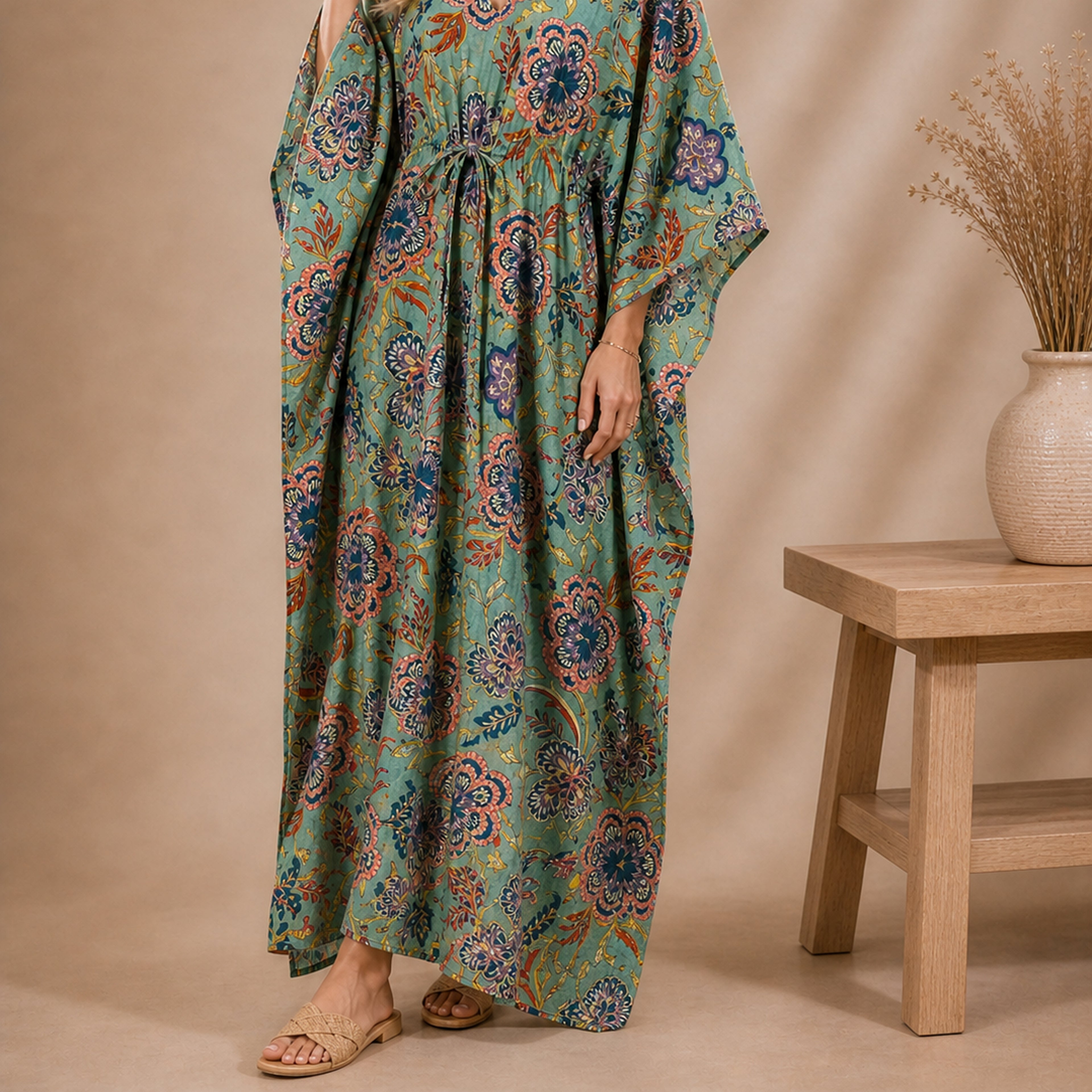 Thari Cotton Drawstring Kaftan - Sage Garden Bloom Print Artisanal Resort Wear