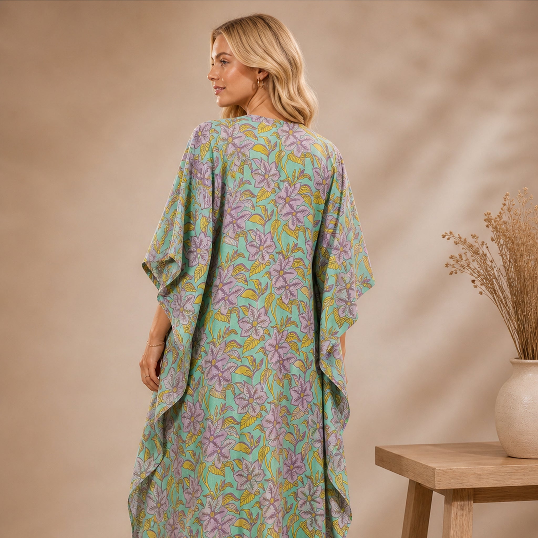 Lavender Meadow Print Effortless Coastal Elegance Kaftan