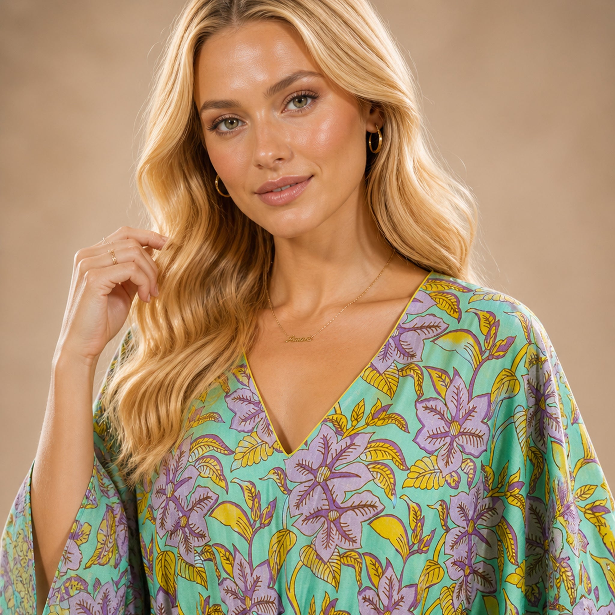 Lavender Meadow Print Effortless Coastal Elegance Kaftan