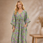 Thari Cotton Drawstring Kaftan - Lavender Meadow Print Effortless Coastal Elegance