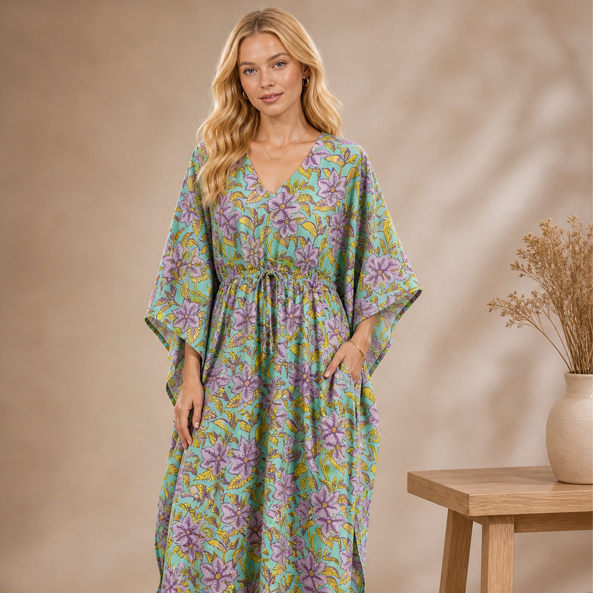 Lavender Meadow Print Effortless Coastal Elegance Kaftan