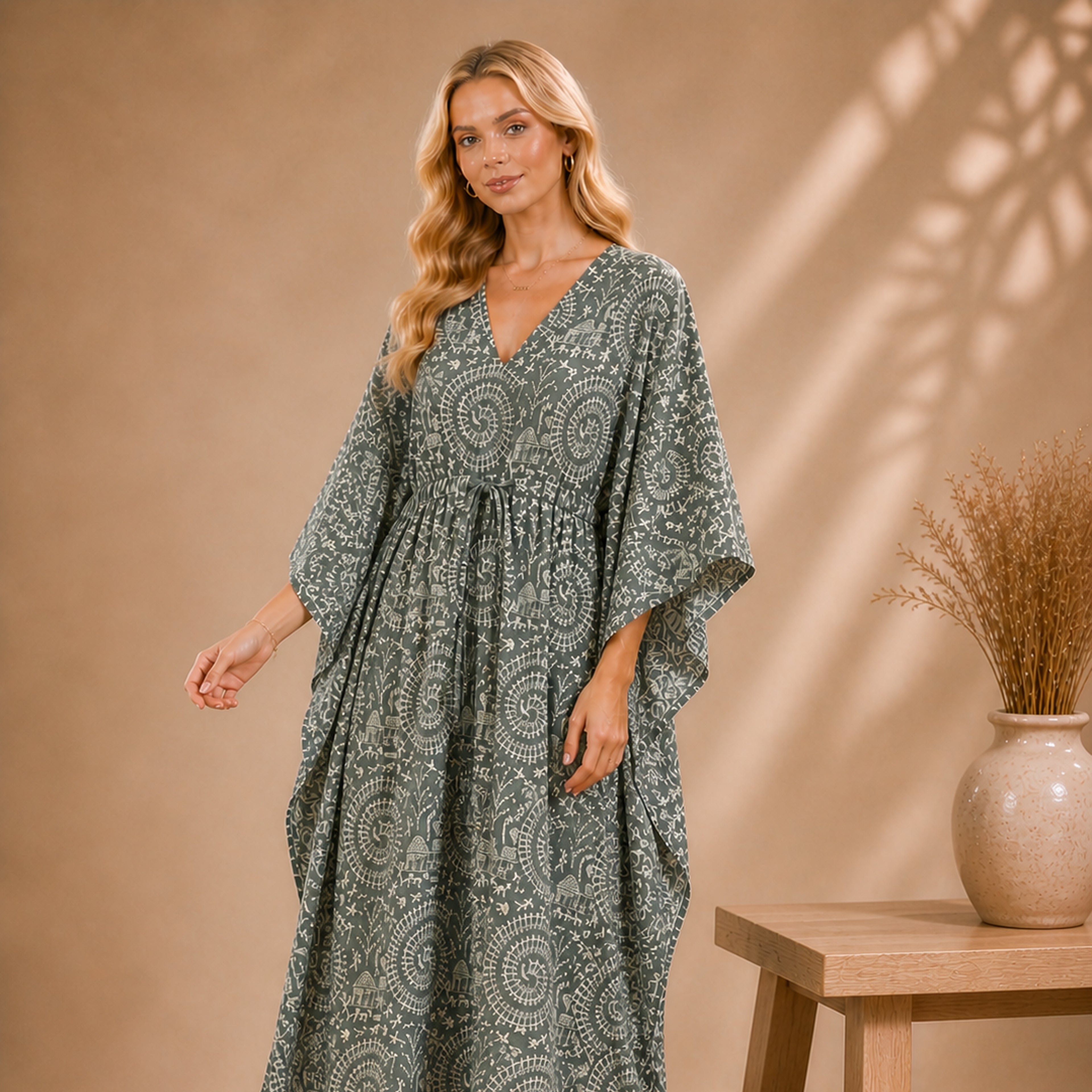 Thari Cotton Drawstring Kaftan - Midnight Peacock Print Effortless Coastal Elegance
