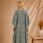Thari Cotton Drawstring Kaftan - Midnight Peacock Print Effortless Coastal Elegance