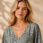 Thari Cotton Drawstring Kaftan - Midnight Peacock Print Effortless Coastal Elegance