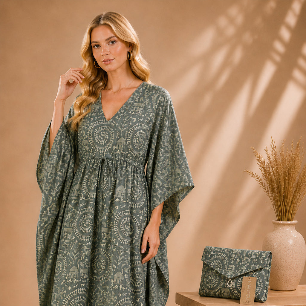 Thari Cotton Drawstring Kaftan - Midnight Peacock Print Effortless Coastal Elegance