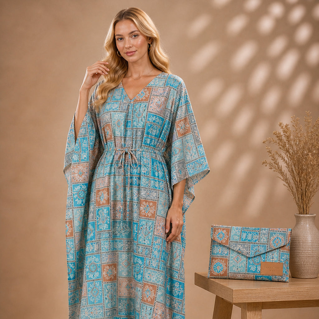 Thari Cotton Drawstring Kaftan - Onyx Medallion Print Artisanal Resort Wear