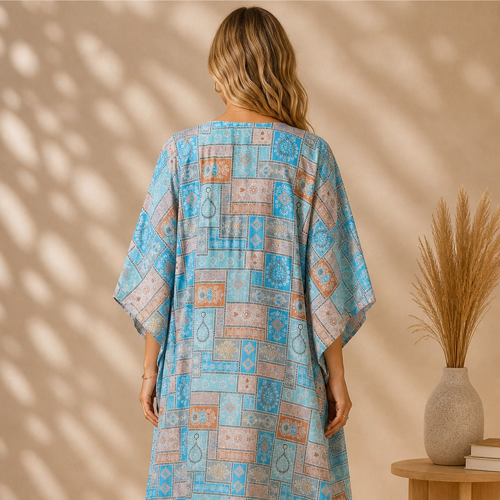 Thari Cotton Drawstring Kaftan - Onyx Medallion Print Artisanal Resort Wear