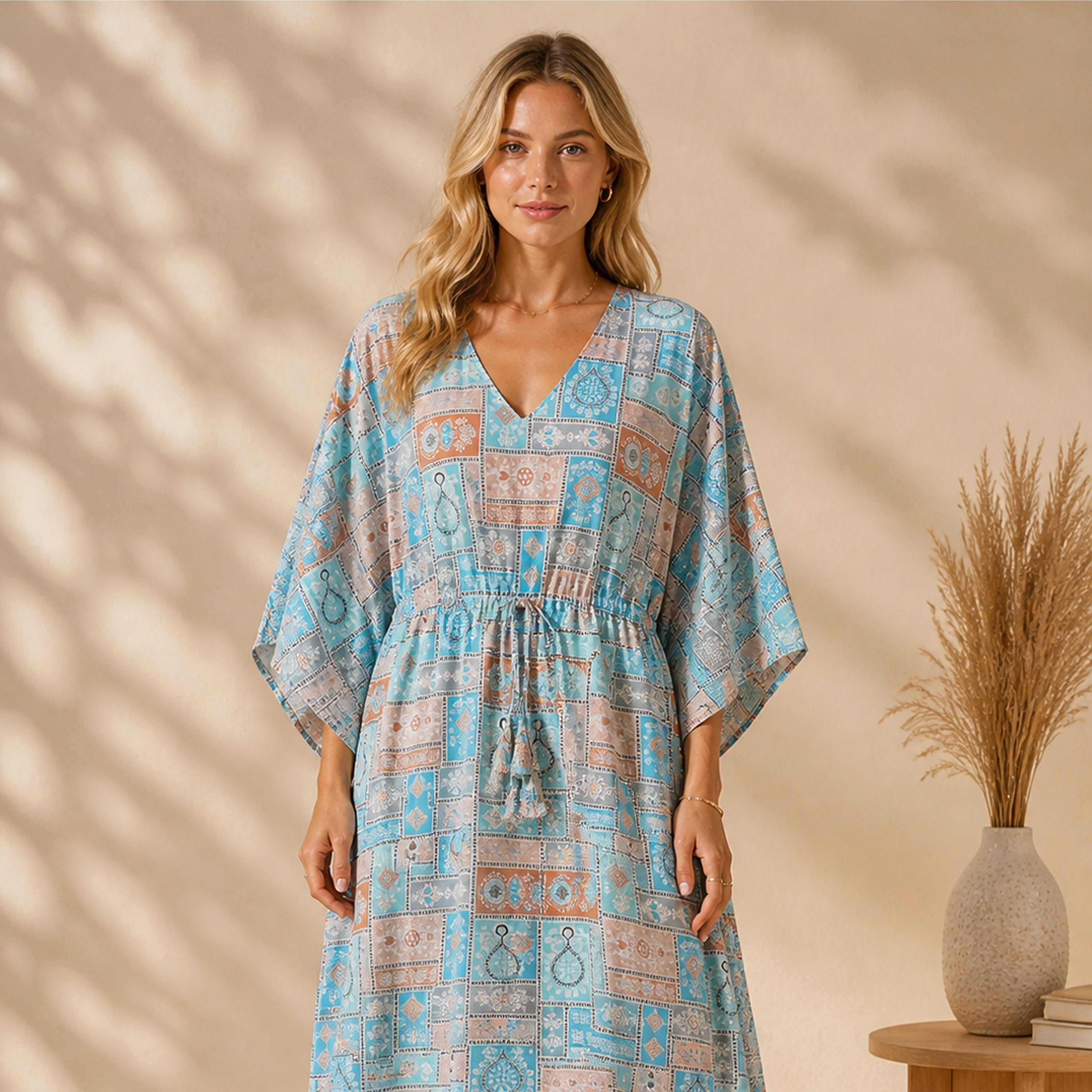 Thari Cotton Drawstring Kaftan - Onyx Medallion Print Artisanal Resort Wear