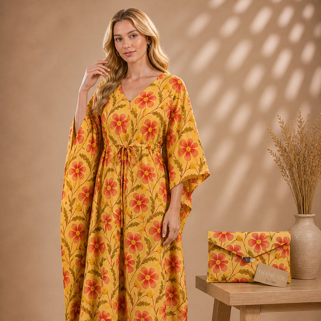Thari Cotton Drawstring Kaftan - Marigold Meadow Print Artisanal Resort Wear