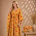 Thari Cotton Drawstring Kaftan - Marigold Meadow Print Artisanal Resort Wear
