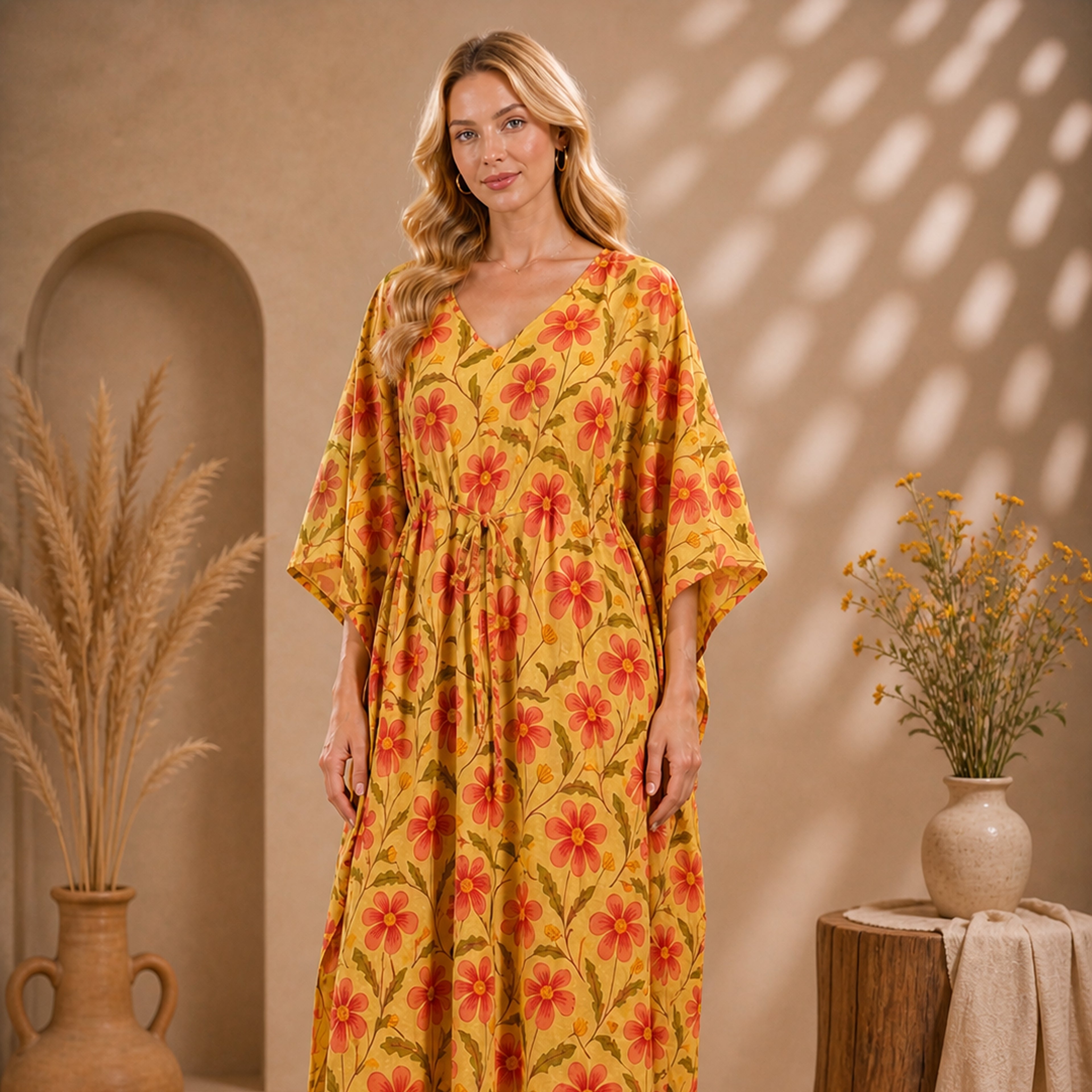 Thari Cotton Drawstring Kaftan - Marigold Meadow Print Artisanal Resort Wear
