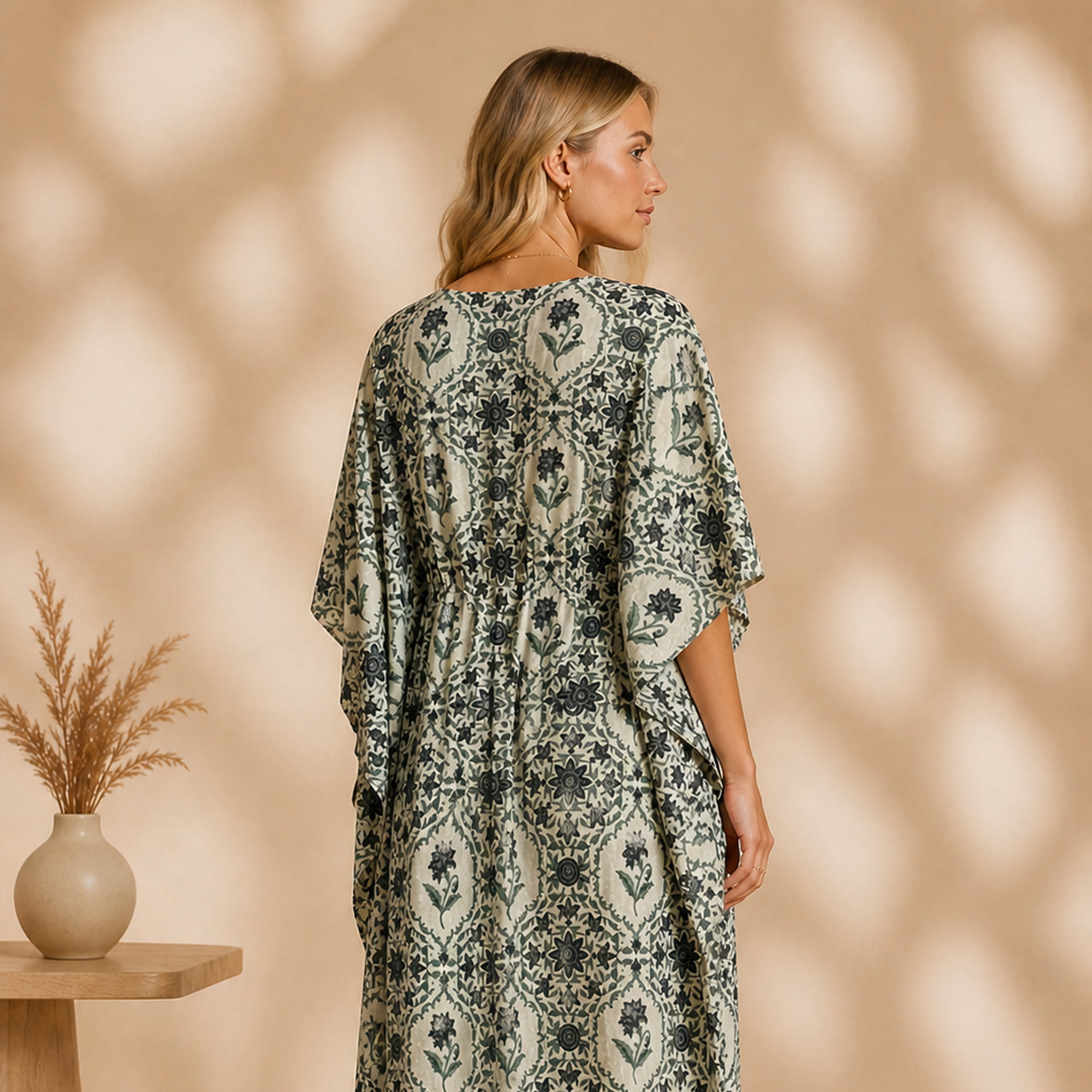 Thari Cotton Drawstring Kaftan - Heritage Floral Motif Effortless Coastal Elegance
