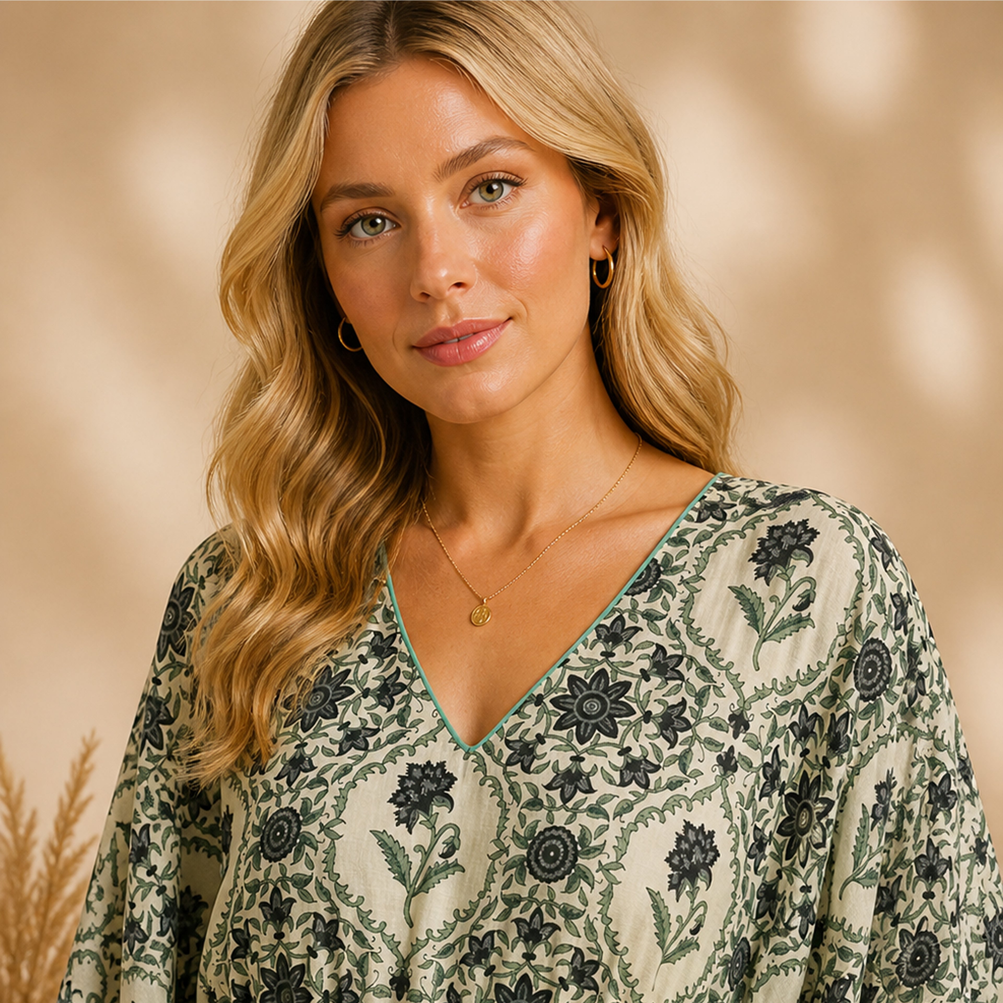 Thari Cotton Drawstring Kaftan - Heritage Floral Motif Effortless Coastal Elegance