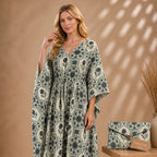 Thari Cotton Drawstring Kaftan - Heritage Floral Motif Effortless Coastal Elegance