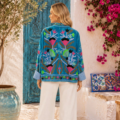 (Exclusive)Hand-Embroidered Velvet Suzani Blazer