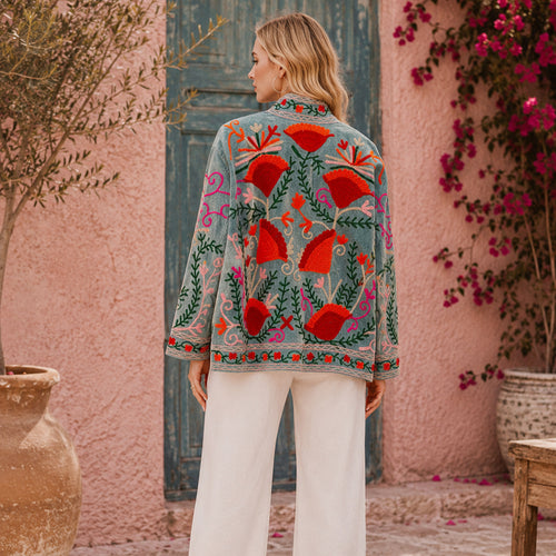 (Exclusive)Hand-Embroidered Velvet Suzani Blazer