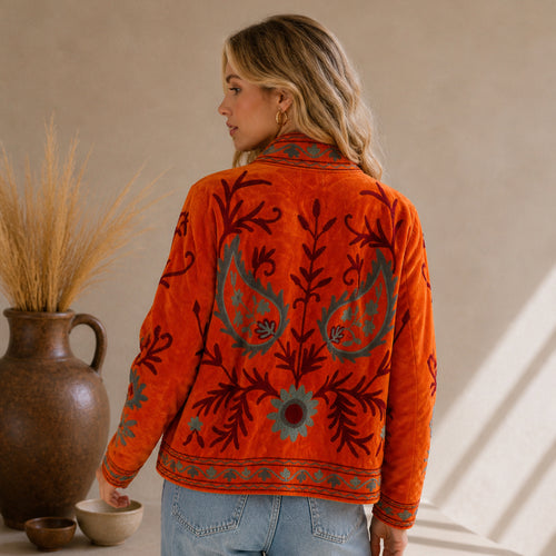 (Exclusive)Hand-Embroidered Velvet Suzani Blazer