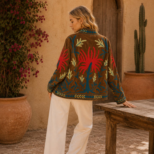 (Exclusive)Hand-Embroidered Velvet Suzani Blazer