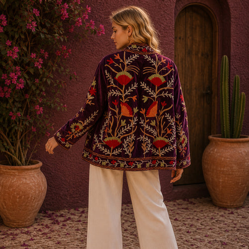 (Exclusive)Hand-Embroidered Velvet Suzani Blazer