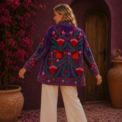 (Exclusive)Hand-Embroidered Velvet Suzani Blazer