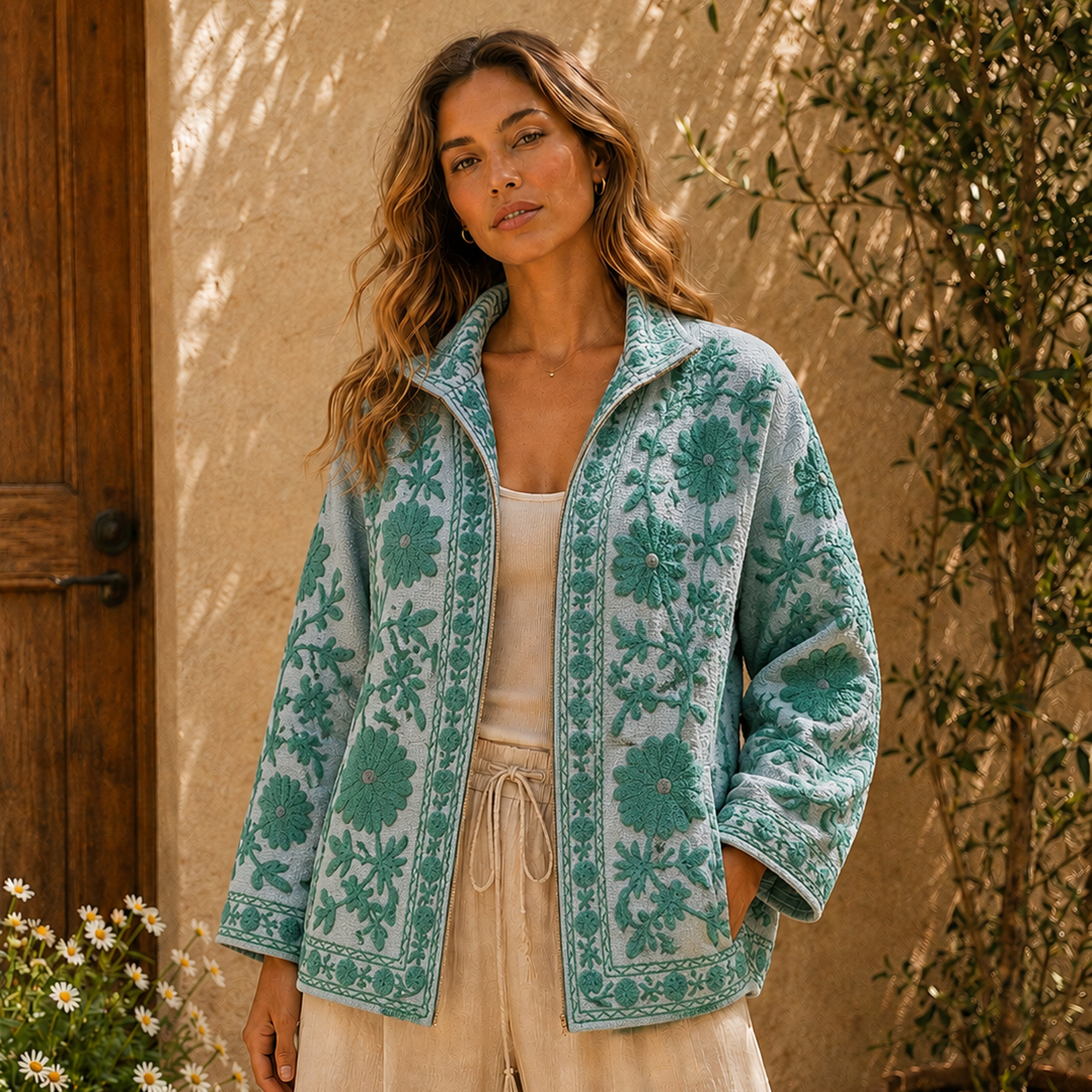 The Thari Hand-Embroidered Cotton Suzani Jacket combo