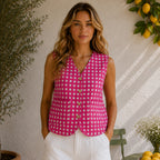 The Thari Hand-Printed Pink Mushroom Print Reversible Quilted Crop Jacket