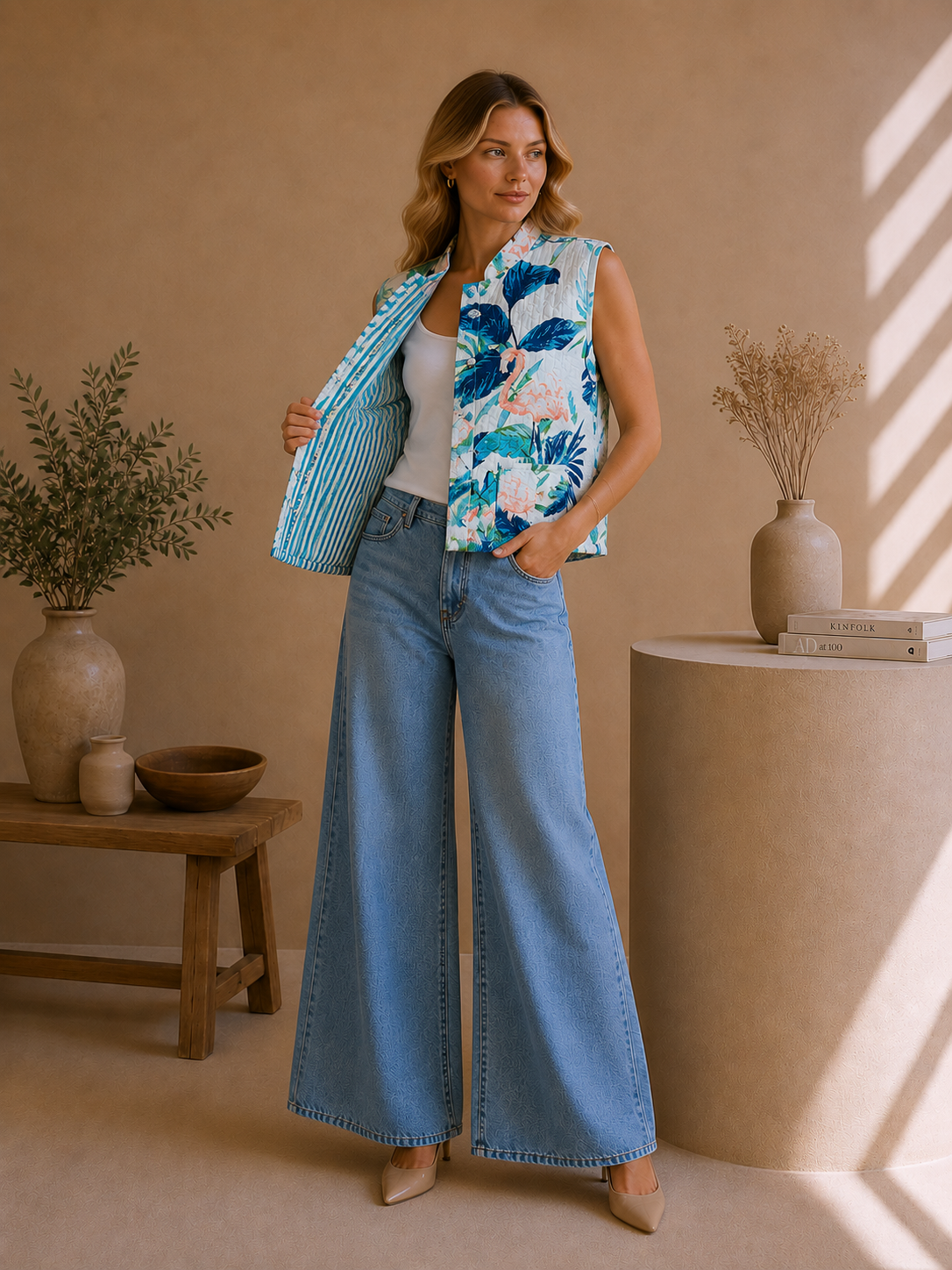 Swan Print Reversible Quilted Short Jacket
