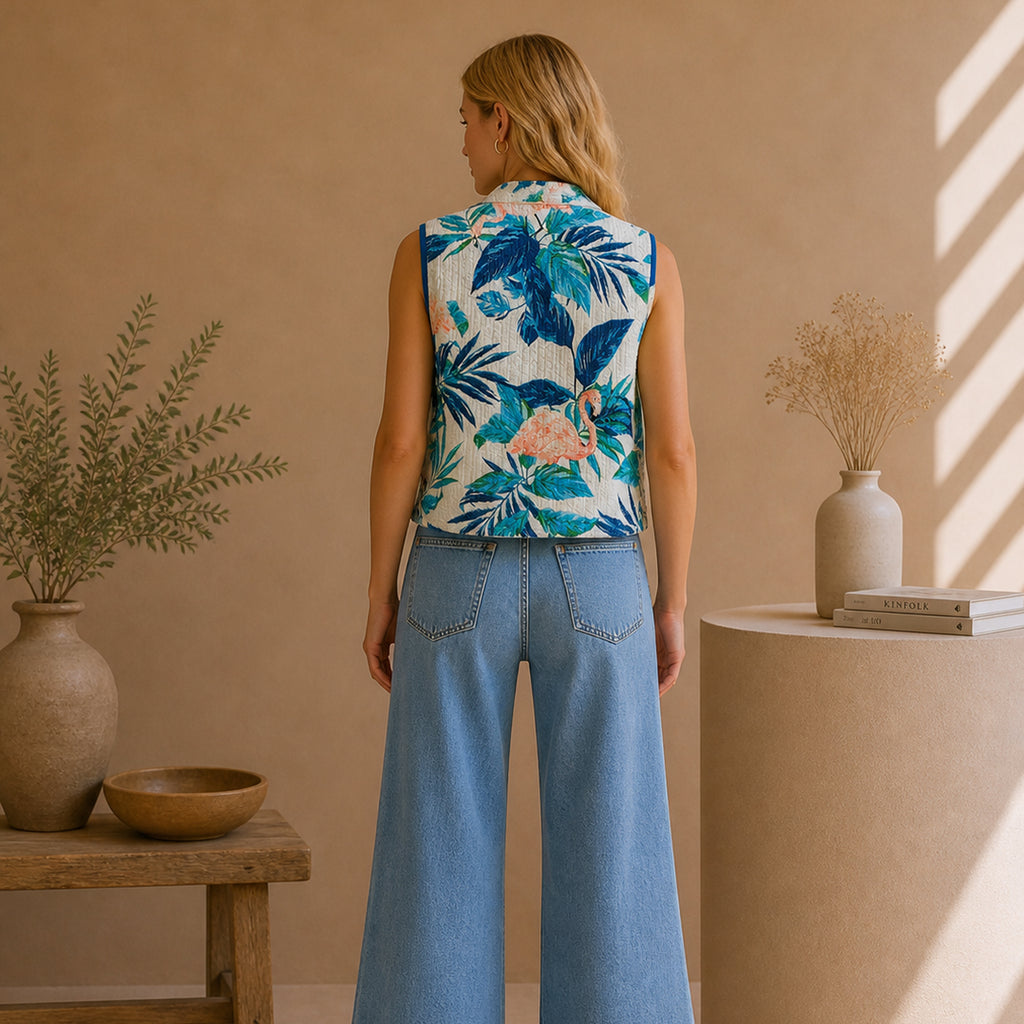 The Thari Hand-Printed Swan Print Reversible Quilted Short Jacket