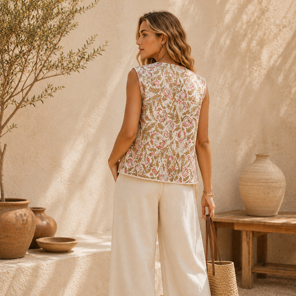 The Thari Hand-Printed Garden Print Reversible Quilted Short Jacket
