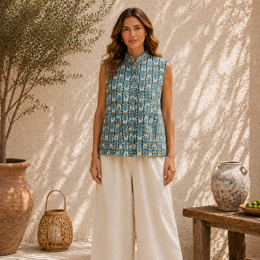 The Thari Hand-Printed Flower Print Reversible Quilted Short Jacket