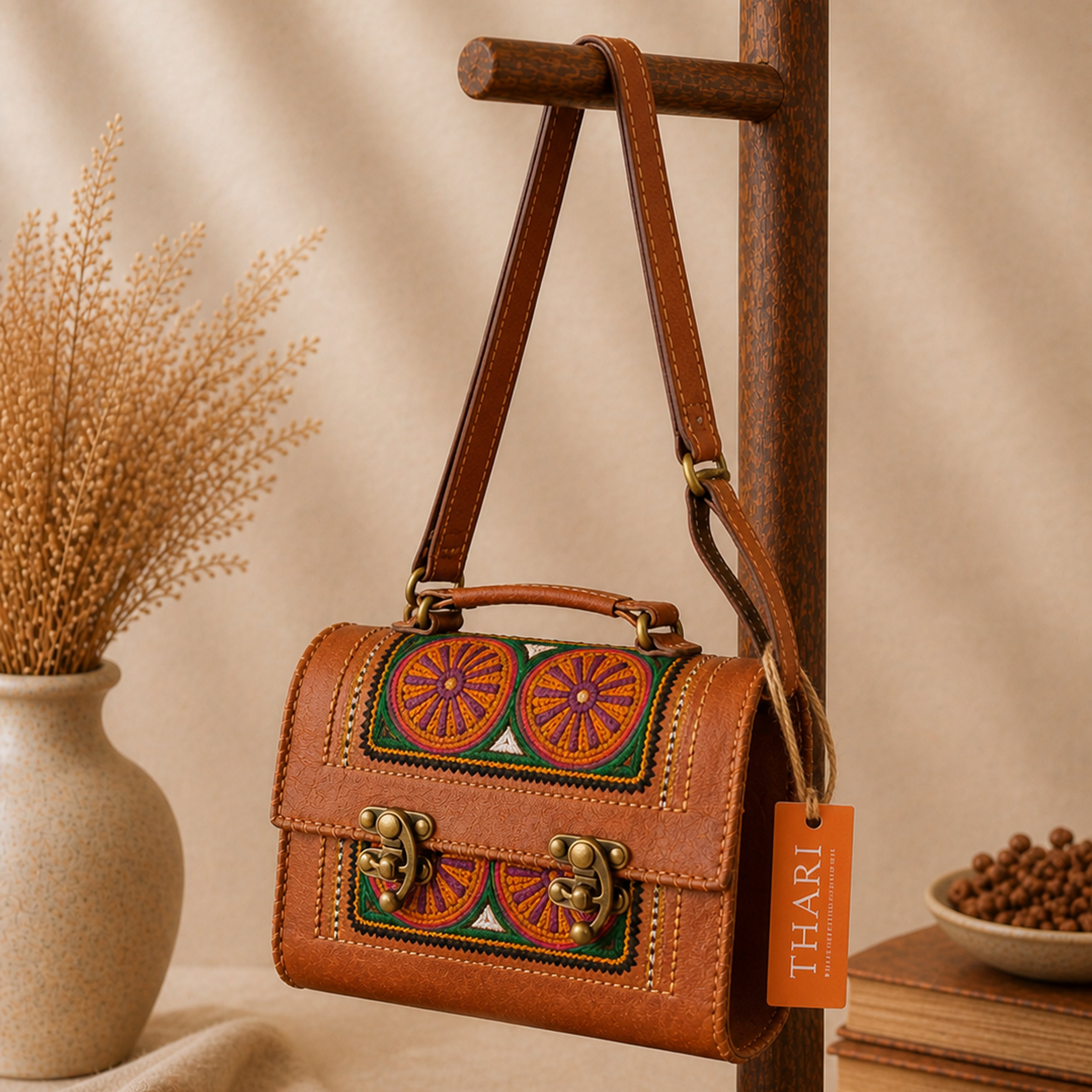Thari Artisan Leather Trunk Bag - Bohemian Prism Motif Hand Embroidery Versatile Carry-All